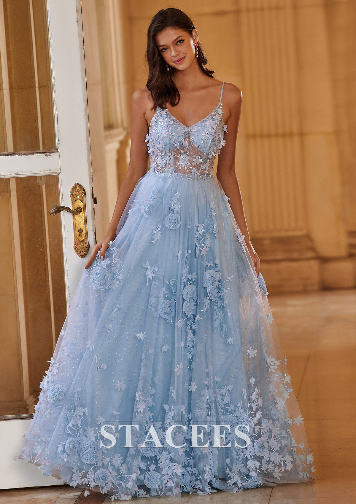 tulle floral prom dress Blue Tulle A-line V-neck Lace Flowers Long Prom Dresses, Evening Dress, MP720
