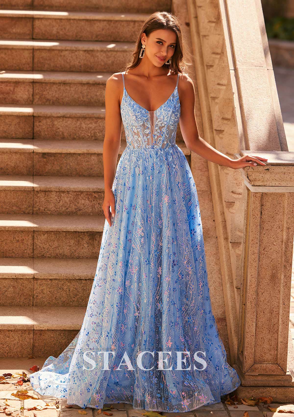 light blue dress with train Light Blue Chiffon A-line V-neck Open Back Beaded Prom Dress with Sweep  Train, MP266