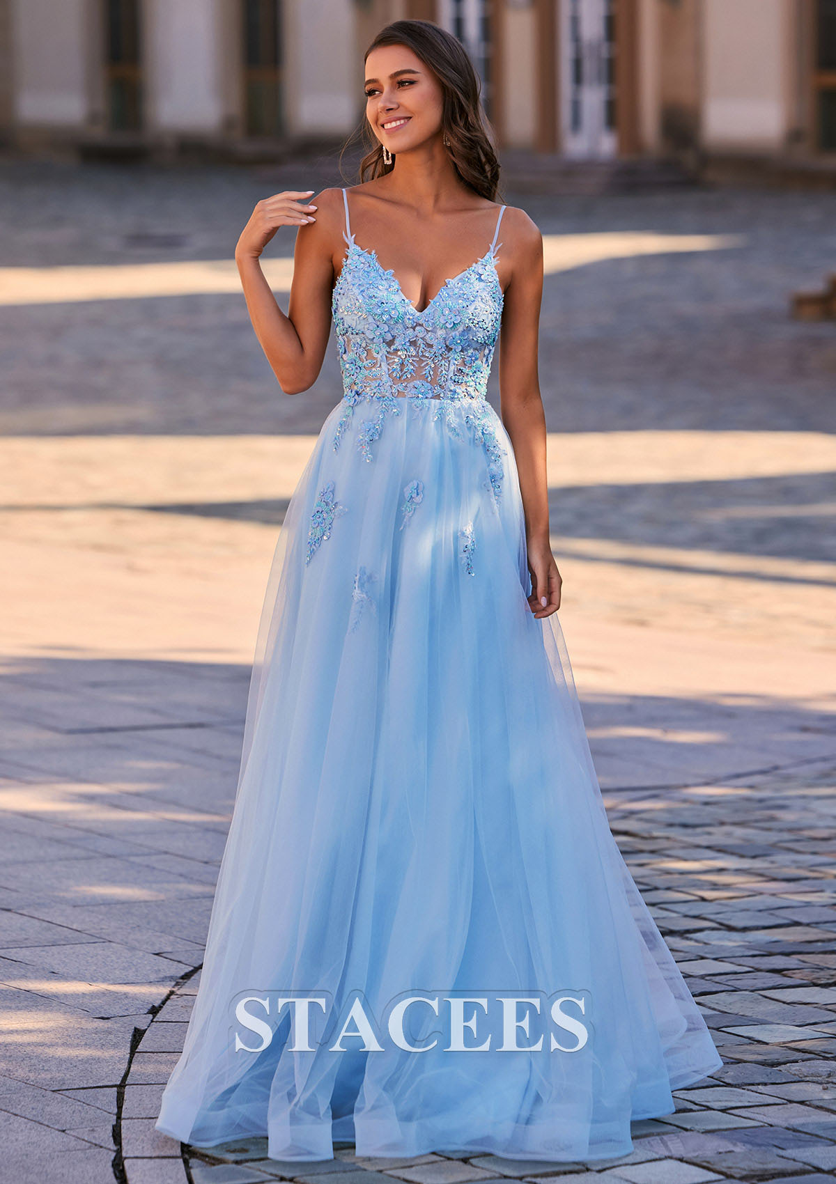 a-line sleeveless v-neck floor-length with applique tulle dresses A-line/princess Sleeveless V-neck Floor-length Applique Tulle Dresses Prom Dress fg5403