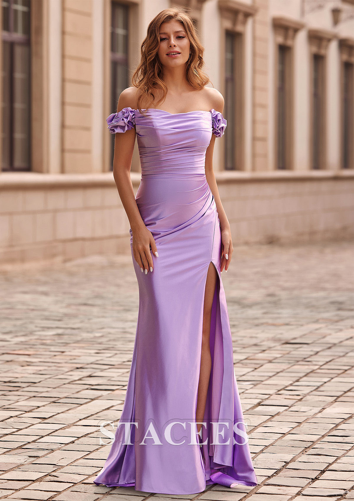 Lilac Mermaid Ruffled Off-the-Shoulder Slit Prom Dress with Puff Sleeves - STACEES