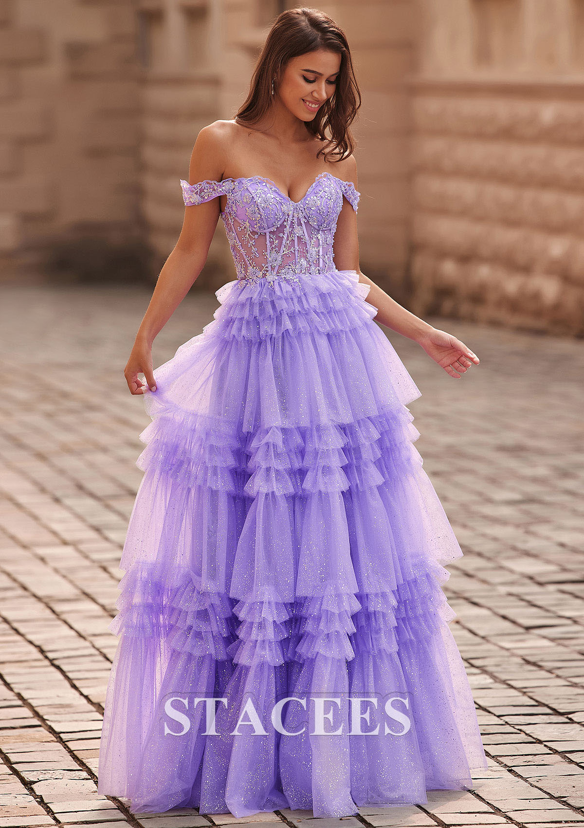 Lilac A-line Applique Off-the-Shoulder Corset Ruffle Tiered Glitter Tulle Prom Dress