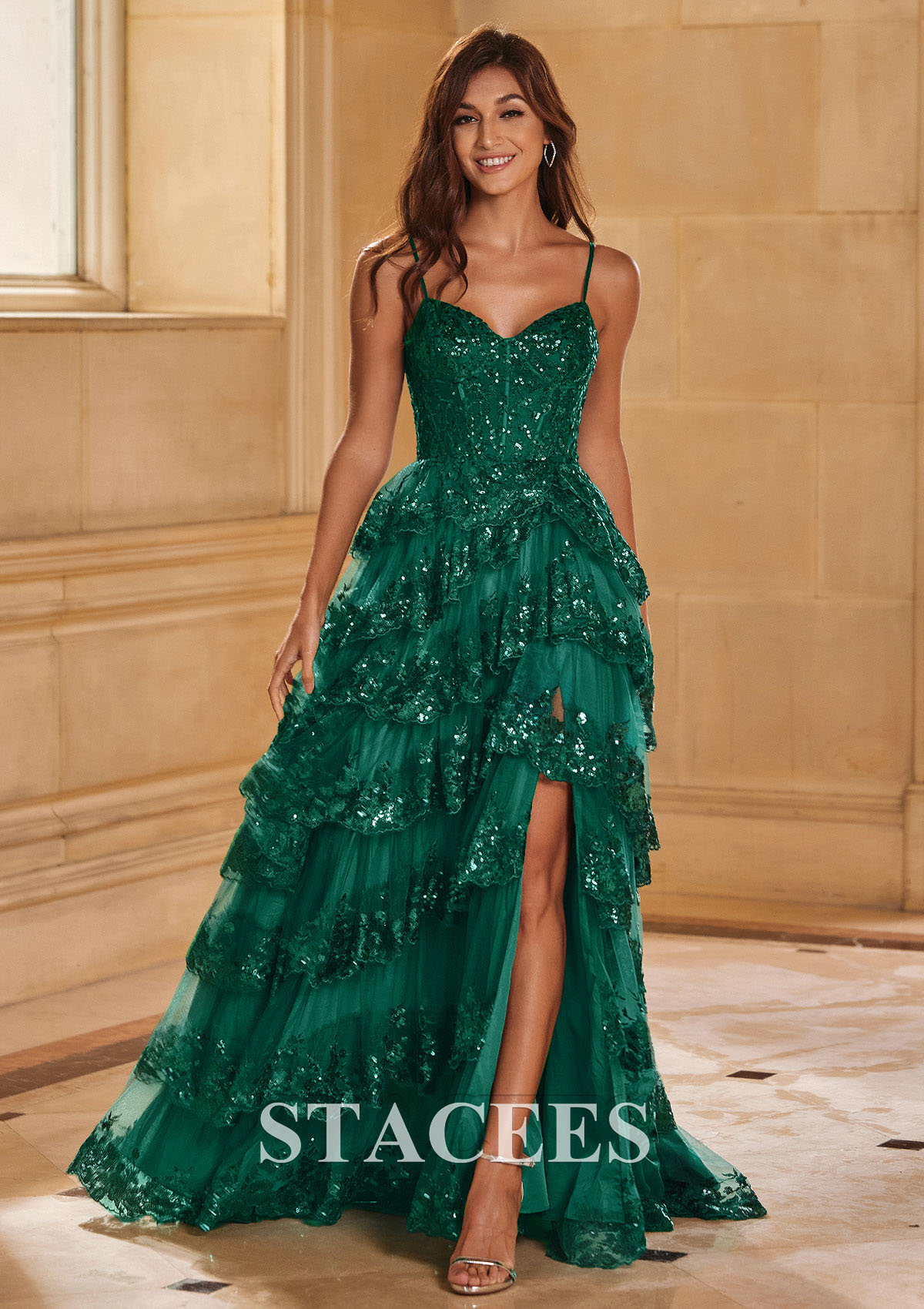 dressy prom dresses A-line Corset Tiered Ruffle Slit Sweep Train Prom Dress with Appliqued  Sequins S8256P - Prom Dresses