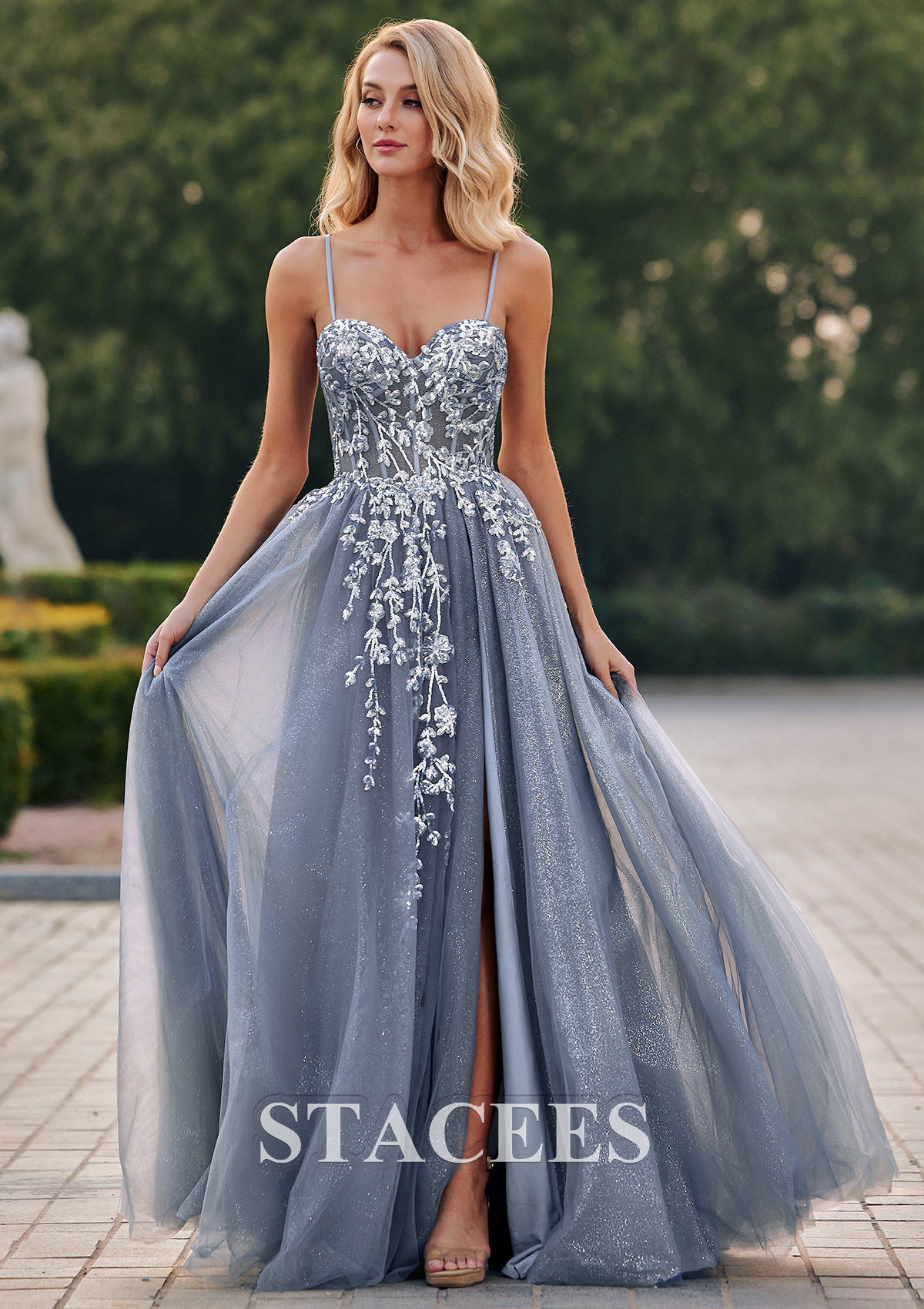 Dusty Blue A-line Sweetheart Tulle Sweep Train Prom Dress with Appliqued Sequins Split Glitter - STACEES