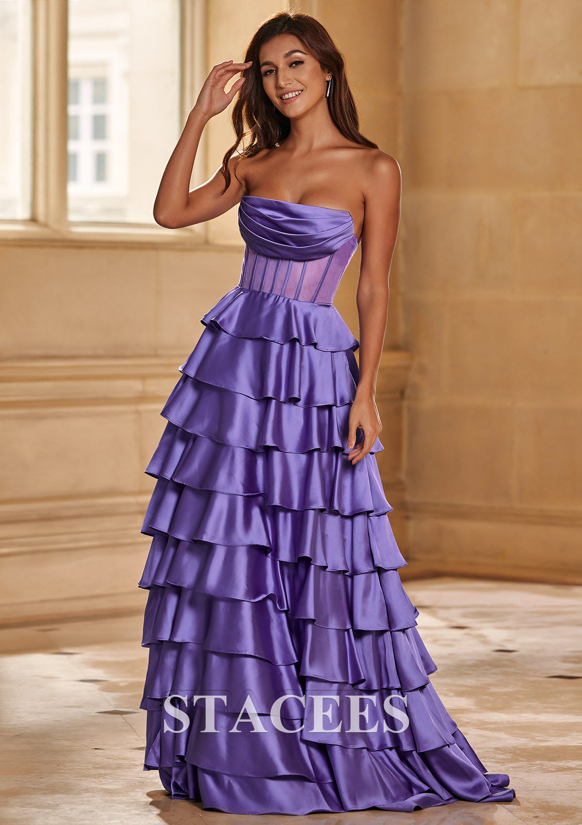 Lavender A-line Strapless Cowl Neck Sheer Corset Tiered Prom Dress with Ruffles 