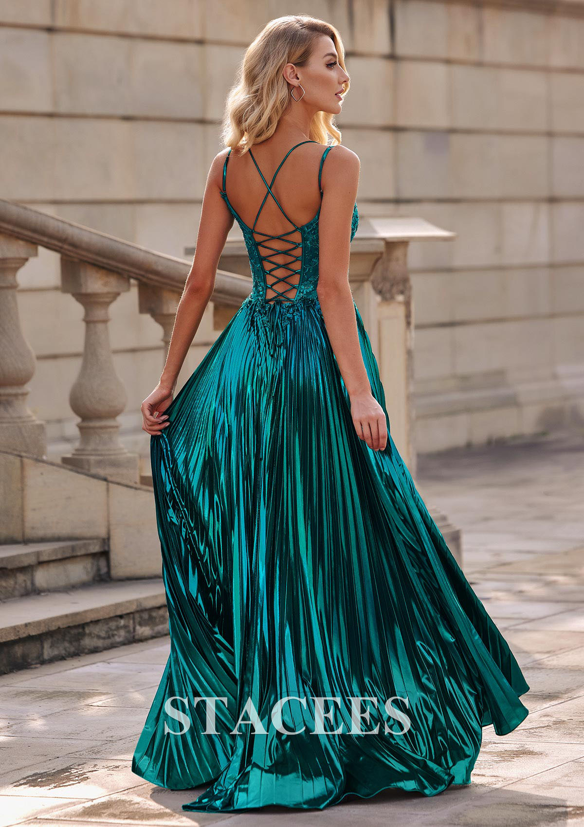 Teal Shiny A-line Ruched Metallic Slit Sweep Train Prom Dress with Plugging V-neck - STACEES