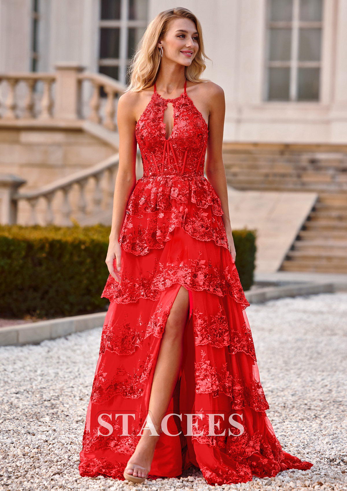 Rojo Vestido línea a cuello halter tul barrer tren vestido de graduación - STACEES