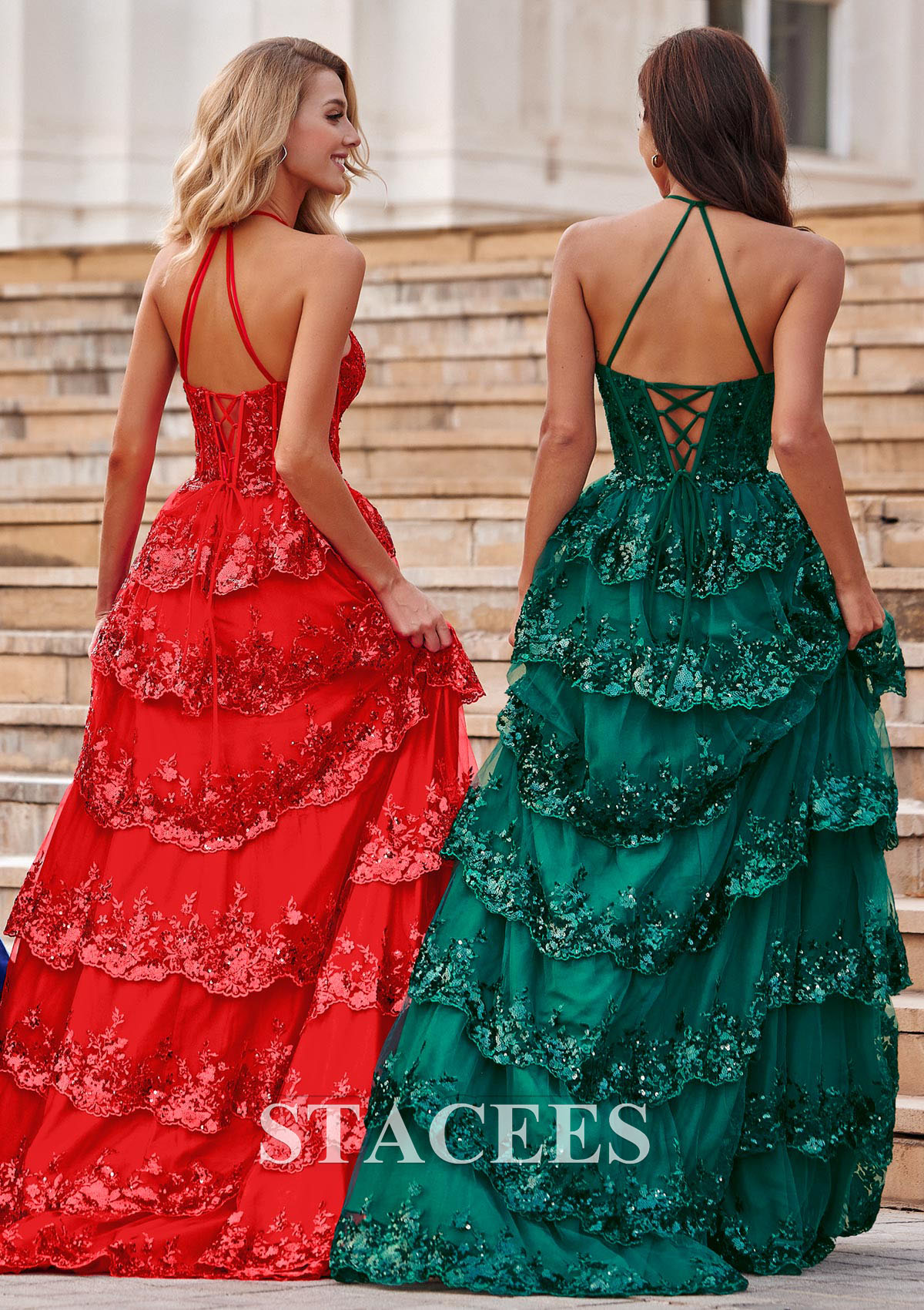 Rojo Vestido línea a cuello halter tul barrer tren vestido de graduación - STACEES