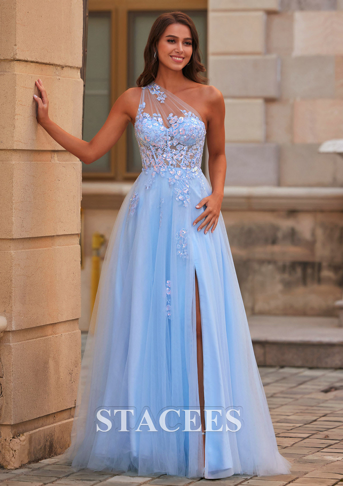 blue prom dresses one shoulder Stacees 2026 A-line One-Shoulder Sequins Sheer Corset Slit Prom Dress