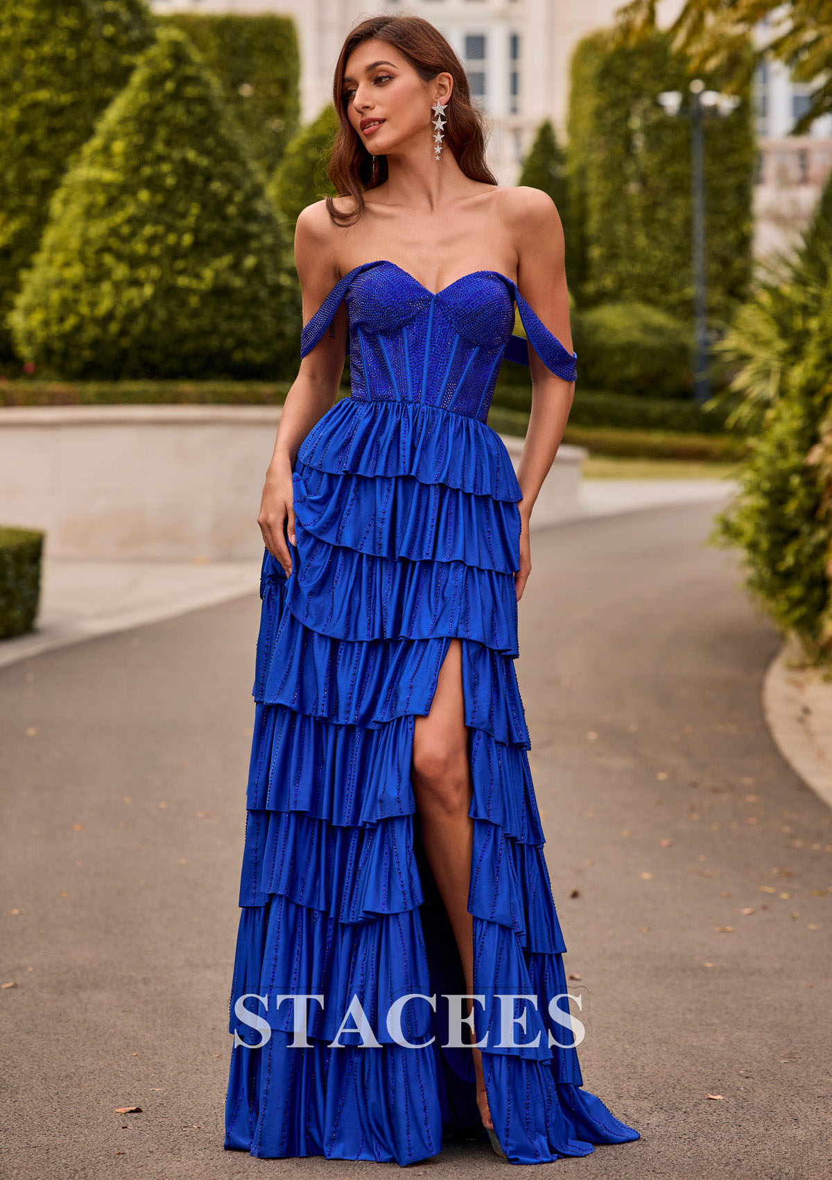 Azul Océano Vestido línea a hombros descubiertos jersey hasta el suelo vestido de graduación