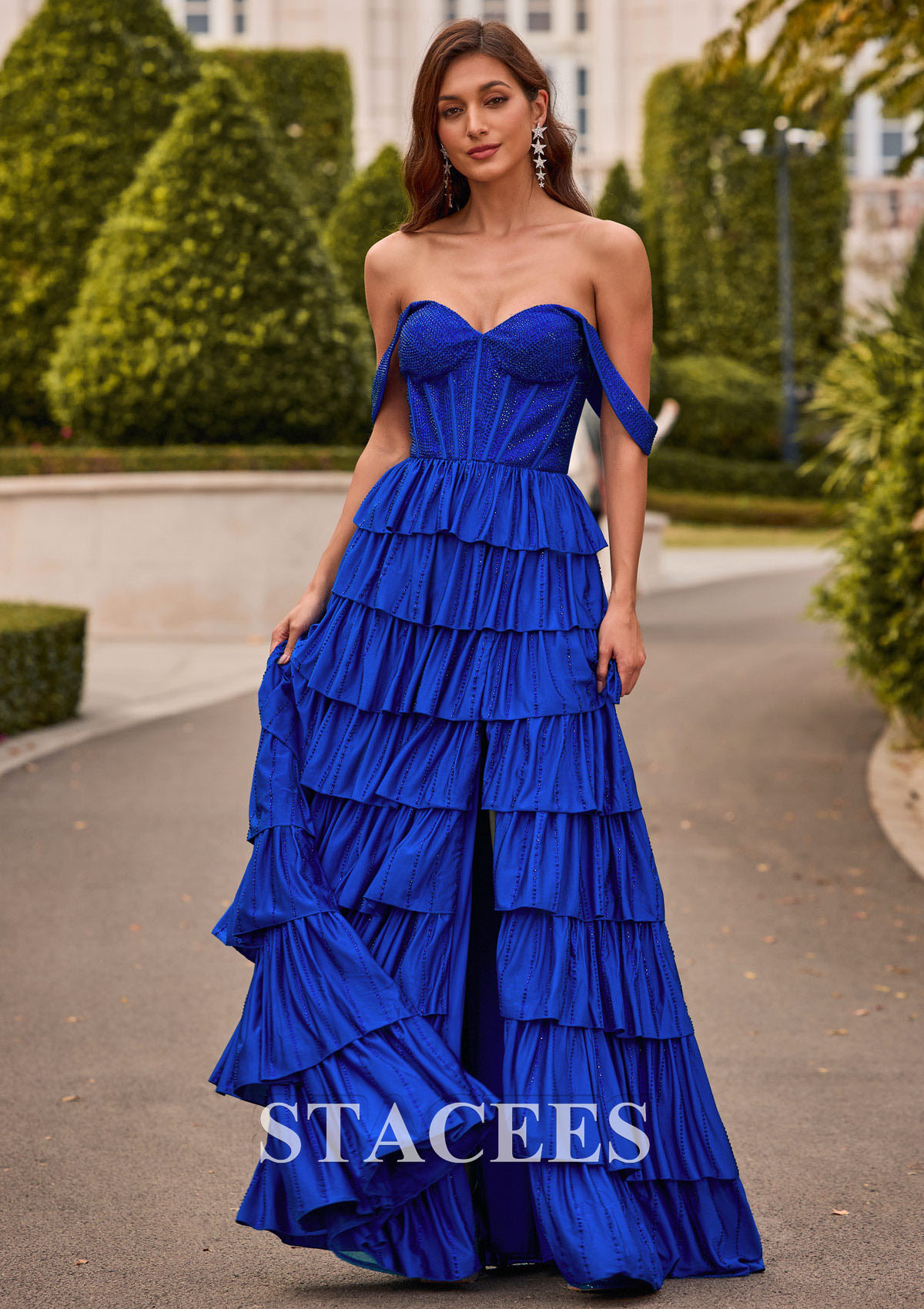 Azul Océano Vestido línea a hombros descubiertos jersey hasta el suelo vestido de graduación