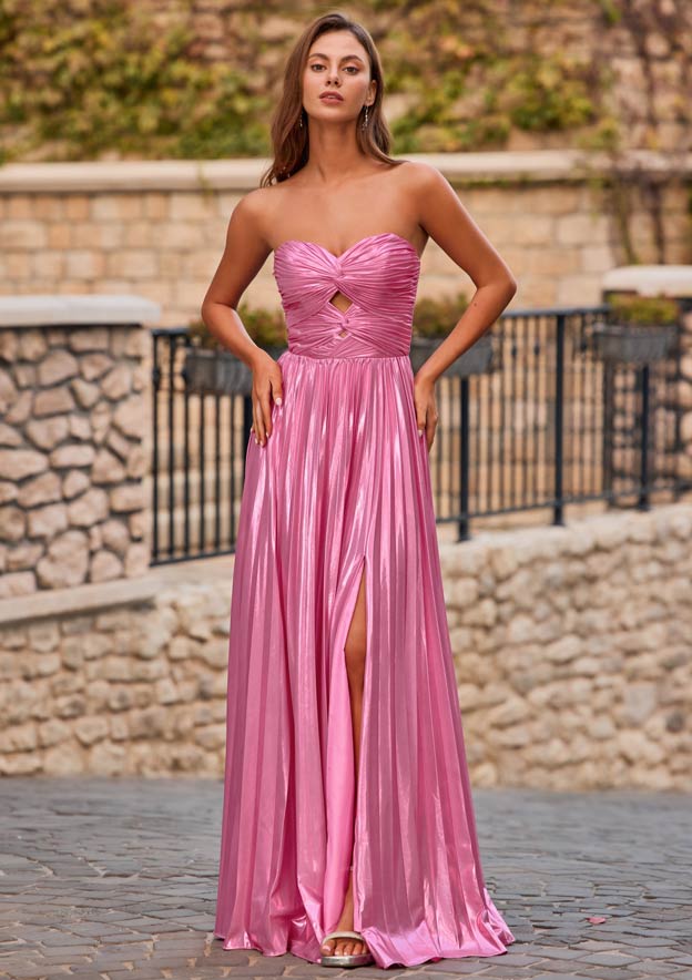 Strapless Keyhole Metallic Pleated A-line Prom Dress with Slit