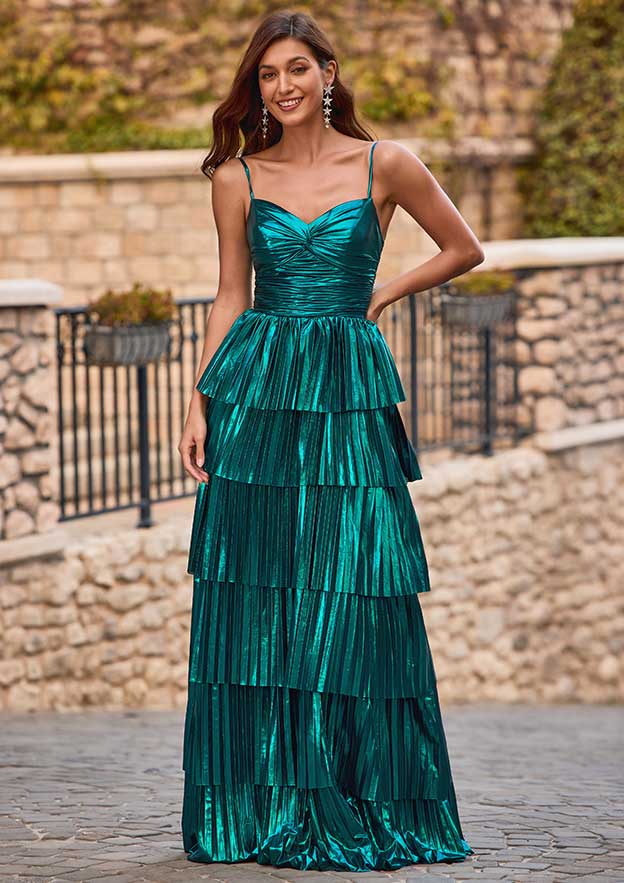 A-line Metallic Tiered Pleated Ruffle Prom Dress V Neck