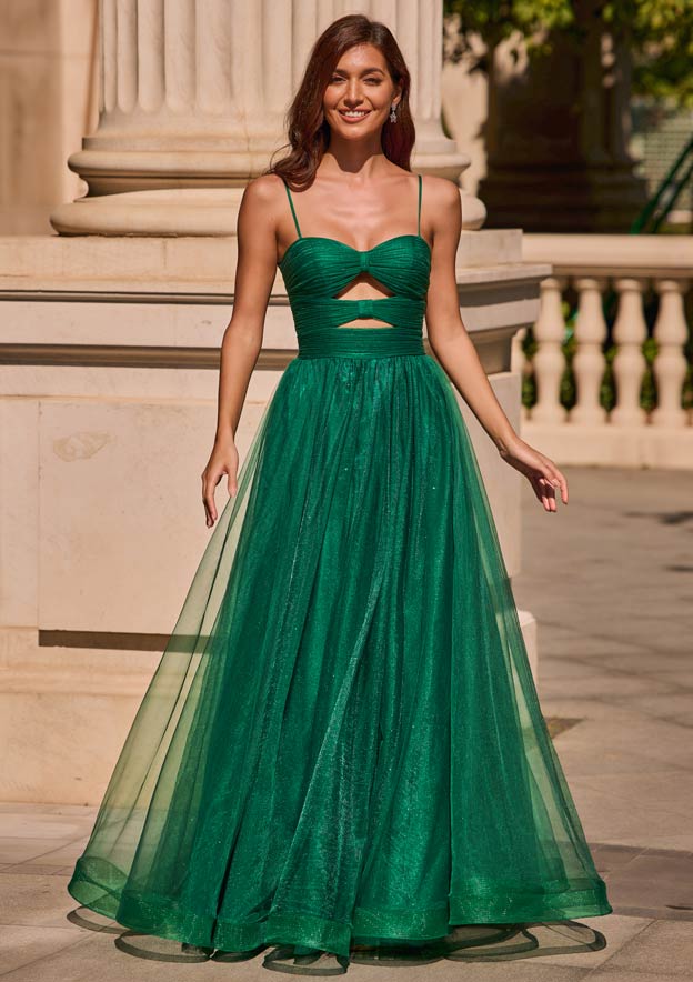 A-line Cut Out V Neck Glitter Tulle Floor-Length Pleated Prom Dress