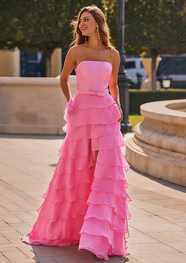 A-line Square Neckline Chiffon Sweep Train Prom Dress with Sashes Ruffles Split