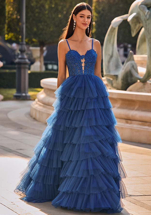 A-line Sweetheart Corset Ruffled Tulle Prom Dress with Spaghetti Straps