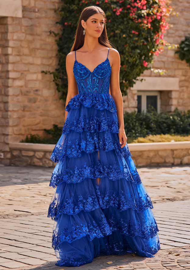 A-line V Neck Tulle Sweep Train Prom Dress with Appliqued Beading Ruffles Sequins Split