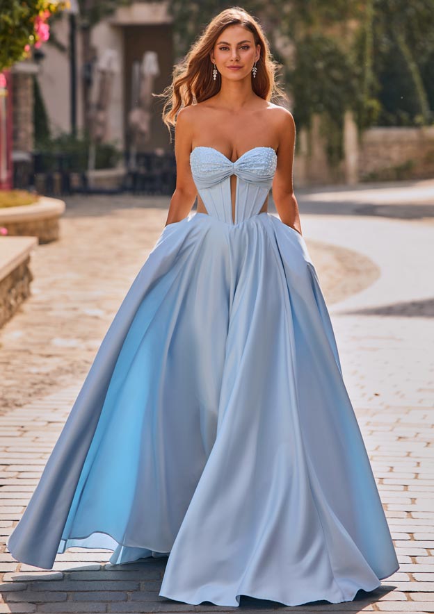A-line Sweetheart Strapless Cutout Pleated Corset Satin Prom Dress