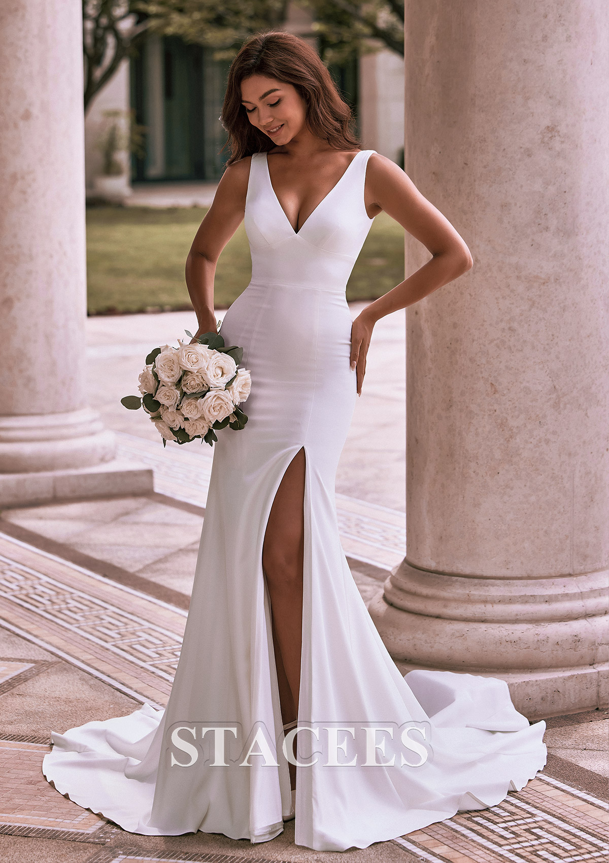 trumpet a line wedding dress Stacees Bridal Wedding Dress Trumpet/Mermaid V Neck Elastic Satin Chapel Train Split