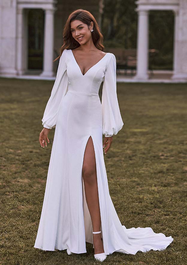 fit and flare wedding dress with long train Off the Shoulder Satin Bridal Gown with Ruffled Sleeves and Train JB43896