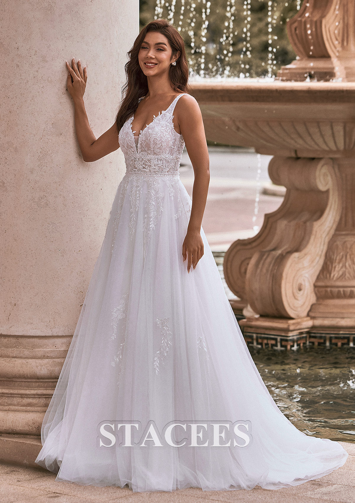 Ivory A-line Princess V Neck Tulle Court Train Wedding Dress with Appliques Lace Beading Sequins - STACEES