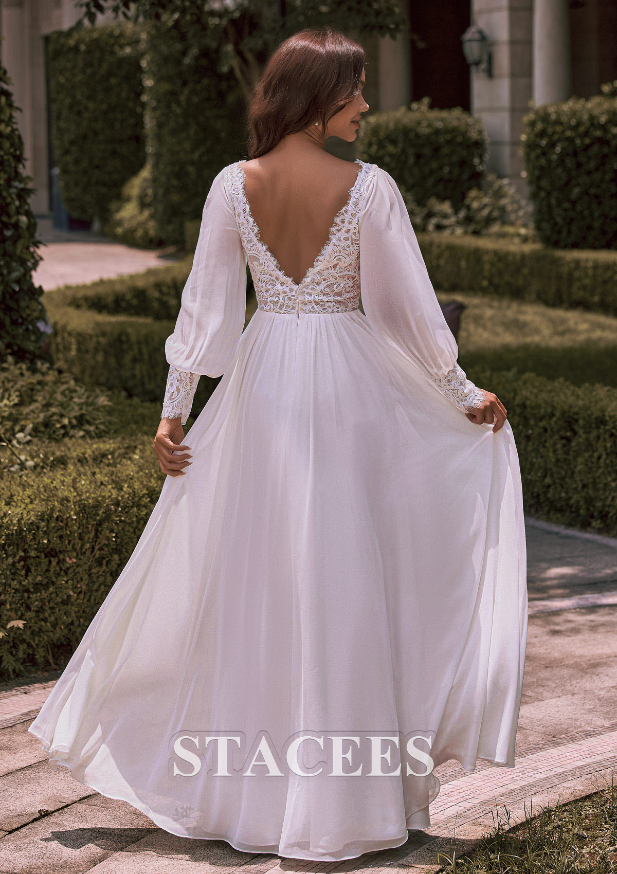long billow sleeve chiffon a-line wedding dress Emmy