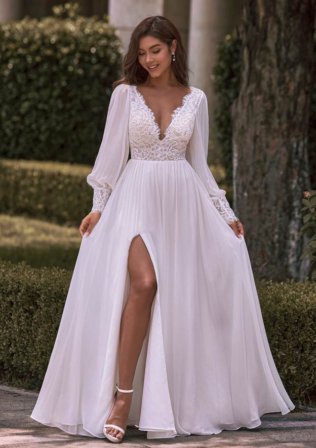 a line v neck long sleeve wedding dress Stacees Bridal Wedding Dress A-line V Neck Chiffon Full/Long Sleeve Floor-Length Lace Pleated Split