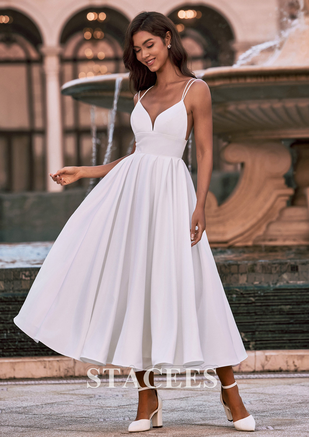 white tea length a line dress Chiffon Bridal Dresses 2026 Women's White A-Line Deep V-Neck Long Sleeves Tea-Length Elegant Formal Wedding Gowns, Ivory