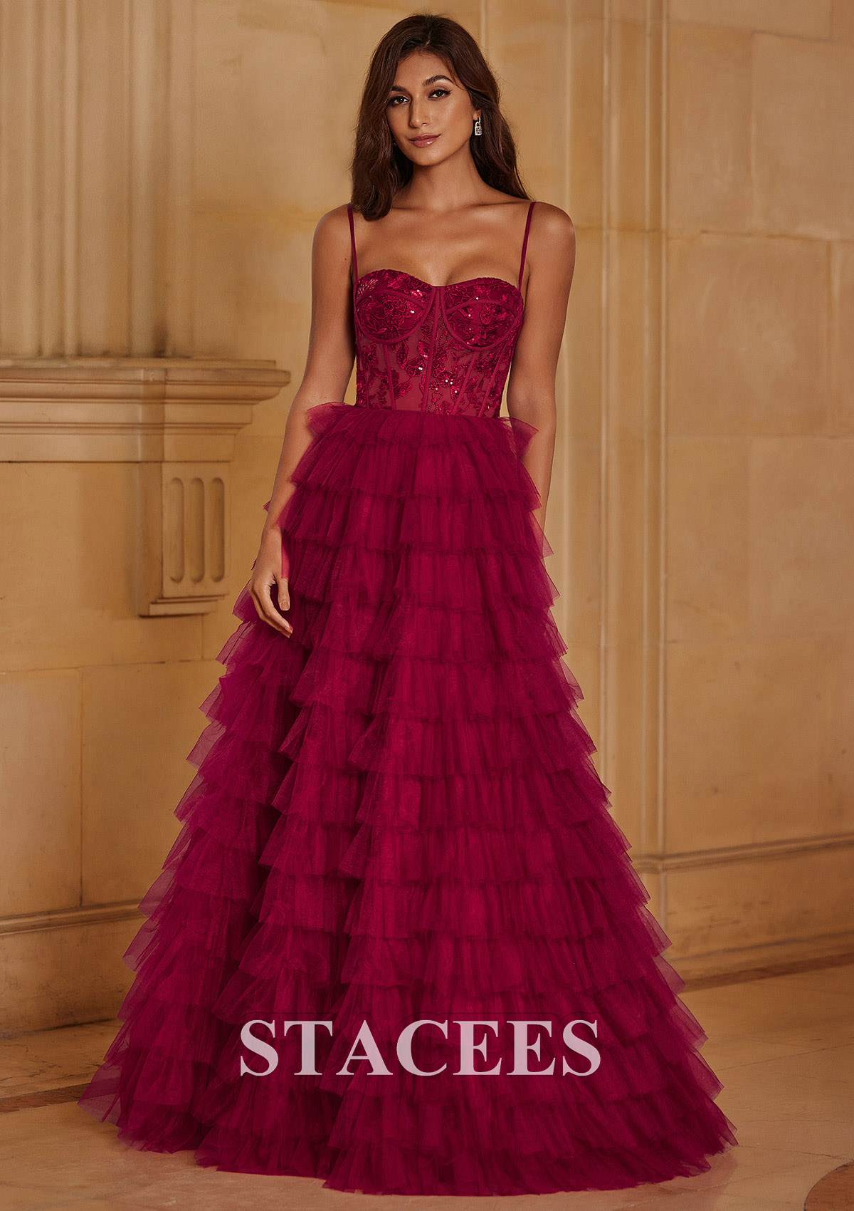 Burgundy Ball Gown Sequined Lace Bodice Ruffled Tiered Floor-Length Prom Dress - STACEES