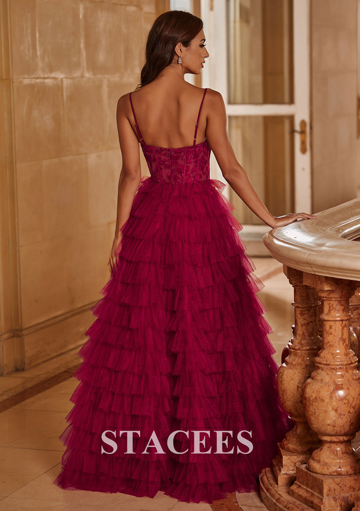 Burgundy Ball Gown Sequined Lace Bodice Ruffled Tiered Floor-Length Prom Dress - STACEES