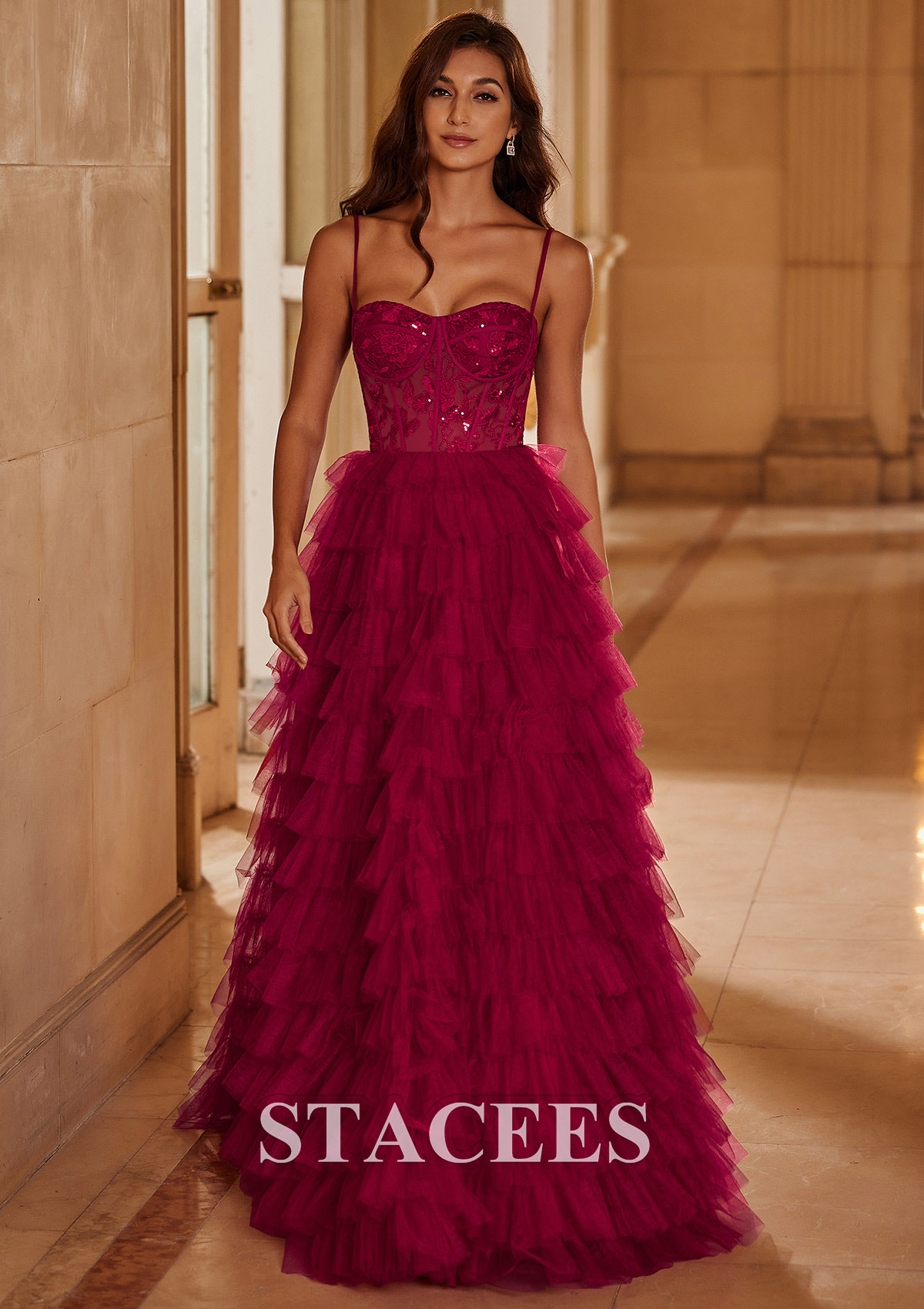 Burgundy Ball Gown Sequined Lace Bodice Ruffled Tiered Floor-Length Prom Dress - STACEES