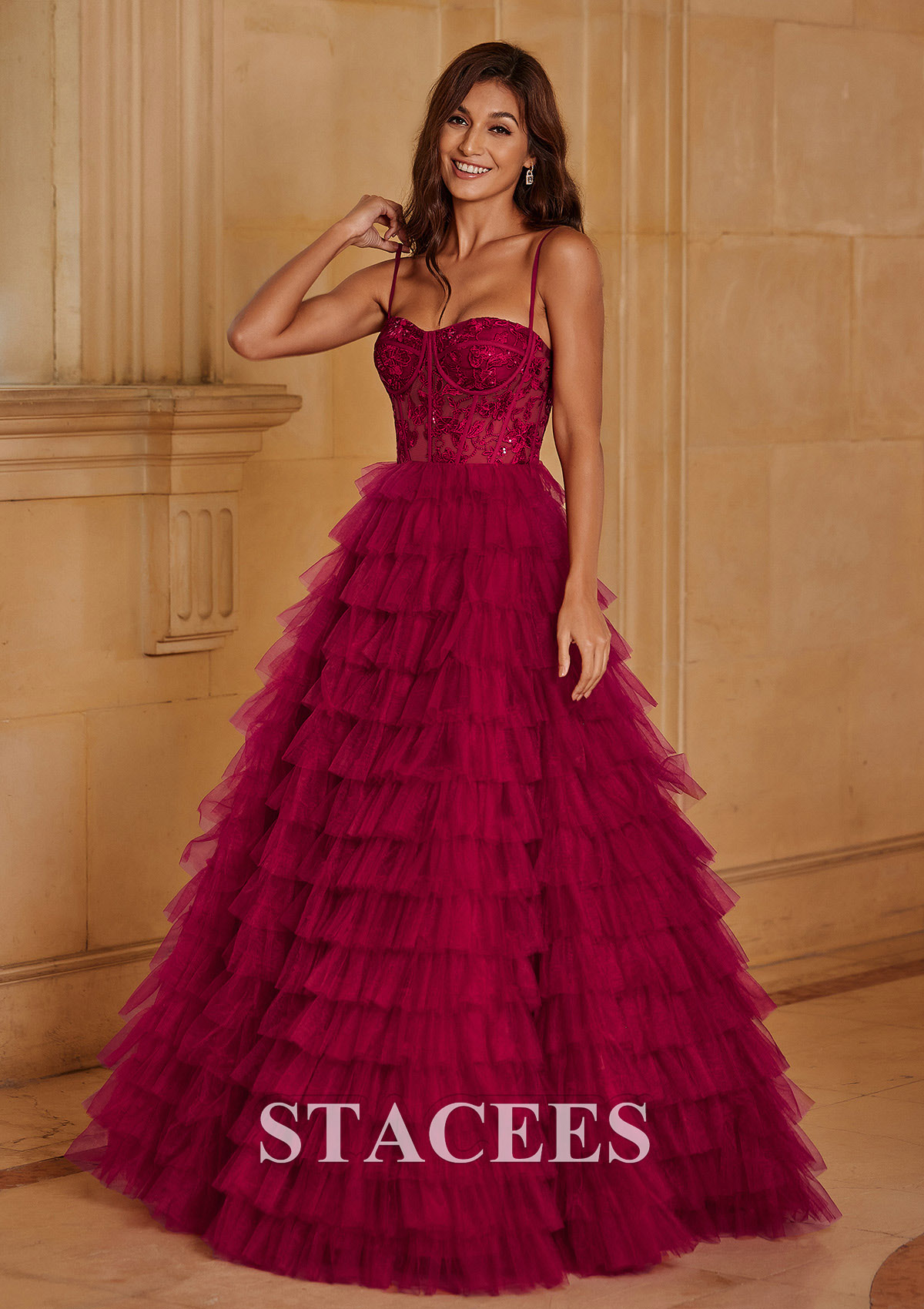 Burgundy Ball Gown Sequined Lace Bodice Ruffled Tiered Floor-Length Prom Dress - STACEES