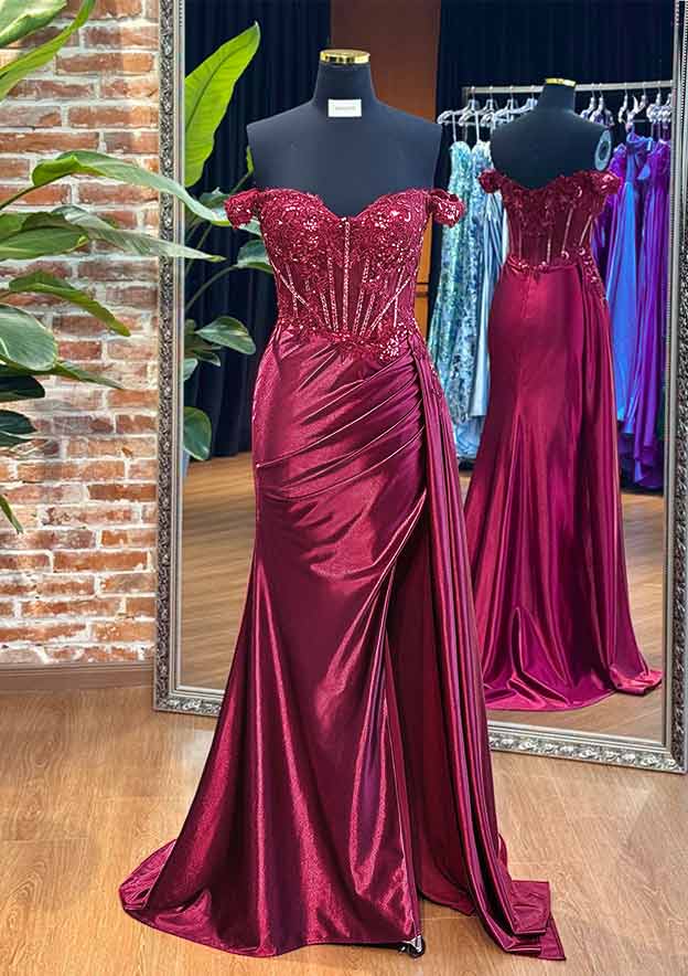 Sheath/Column Off-the-Shoulder Silk like Satin Sweep Train Prom Dress with Beading Sequins Side Draping Split