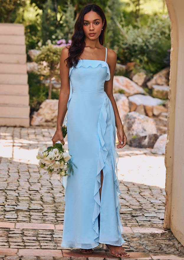 Cascading Ruffles Chiffon Floor-Length Bridesmaid Dress with Slit