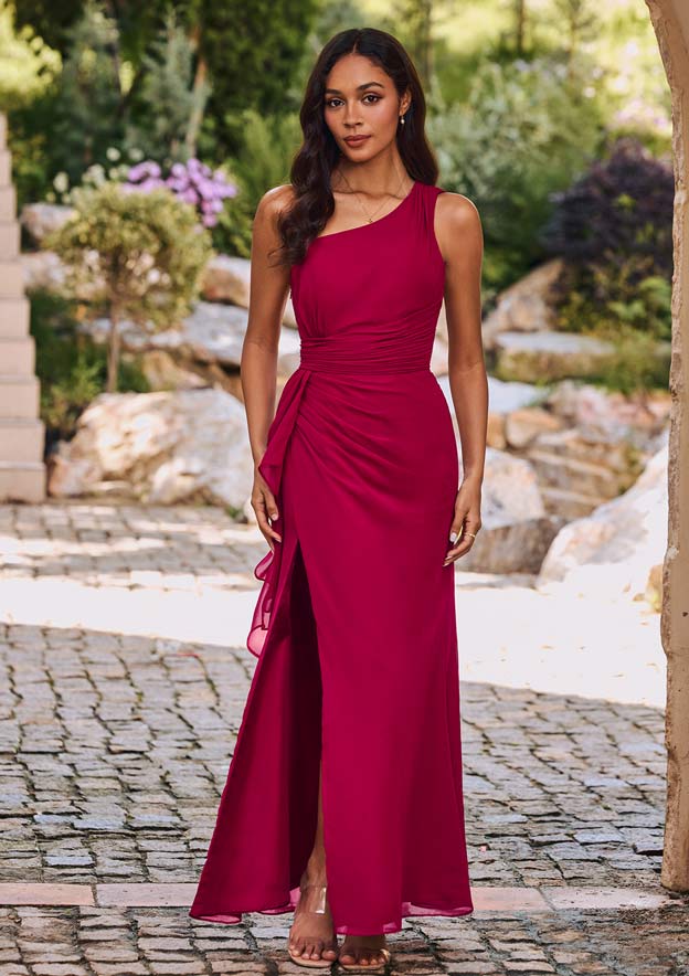 red one shoulder bridesmaid dresses Azazie Charlize