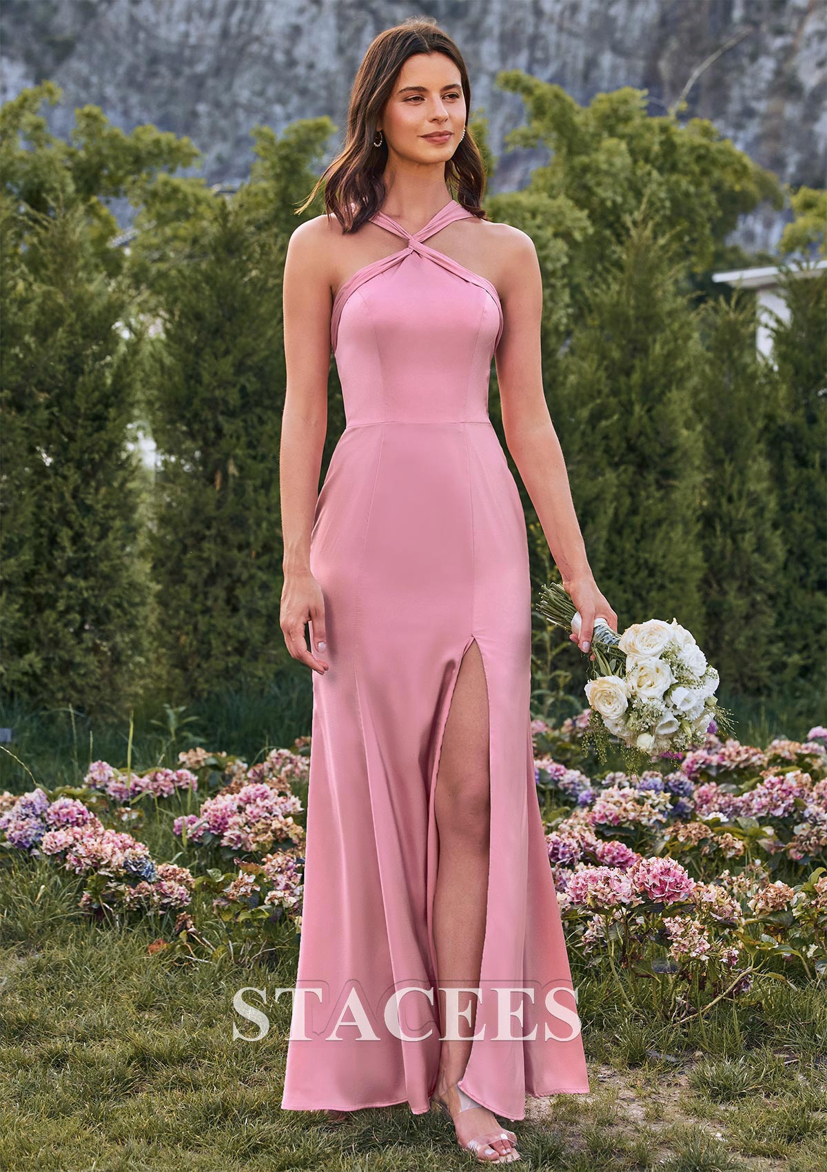 pink cross neck dress VENUS Cross-Neck Bandage Dress | Dark Pink