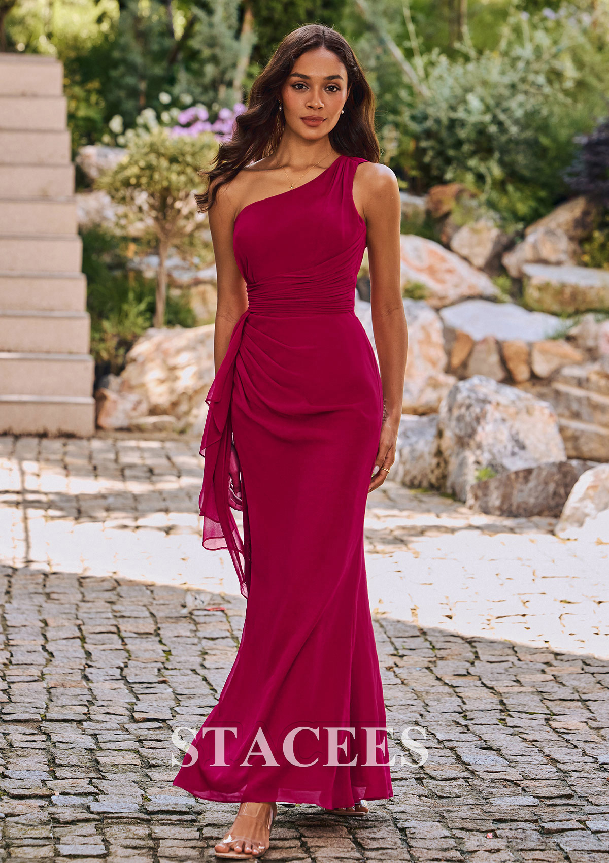 burgundy one shoulder dress Adrianna Papell Women's Jacquard One-Shoulder Gown - while the gathered overlay enhances the dresss flow and movement Bebe Women's One Shoulder Bell