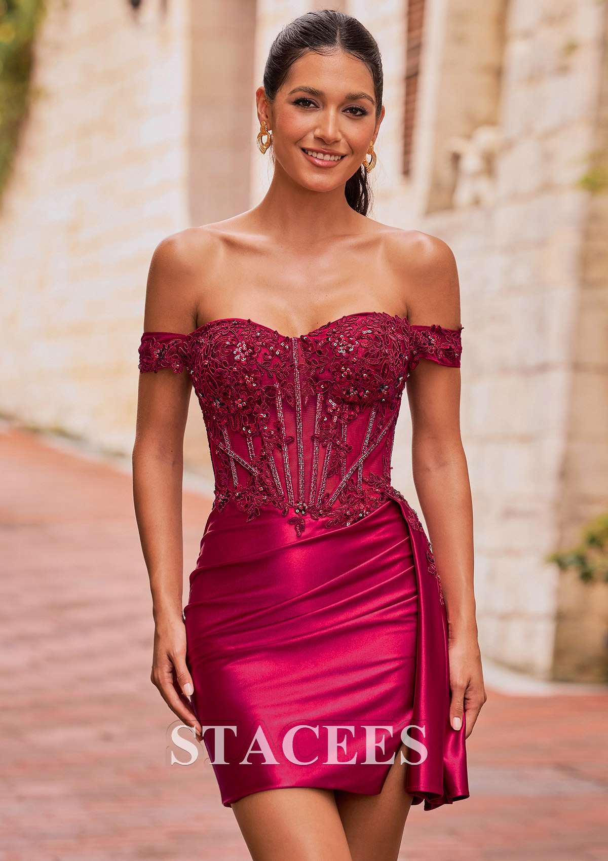 sheath homecoming dresses Stacees Fitted Off-the-Shoulder Embroidered Homecoming Dress Short Mini