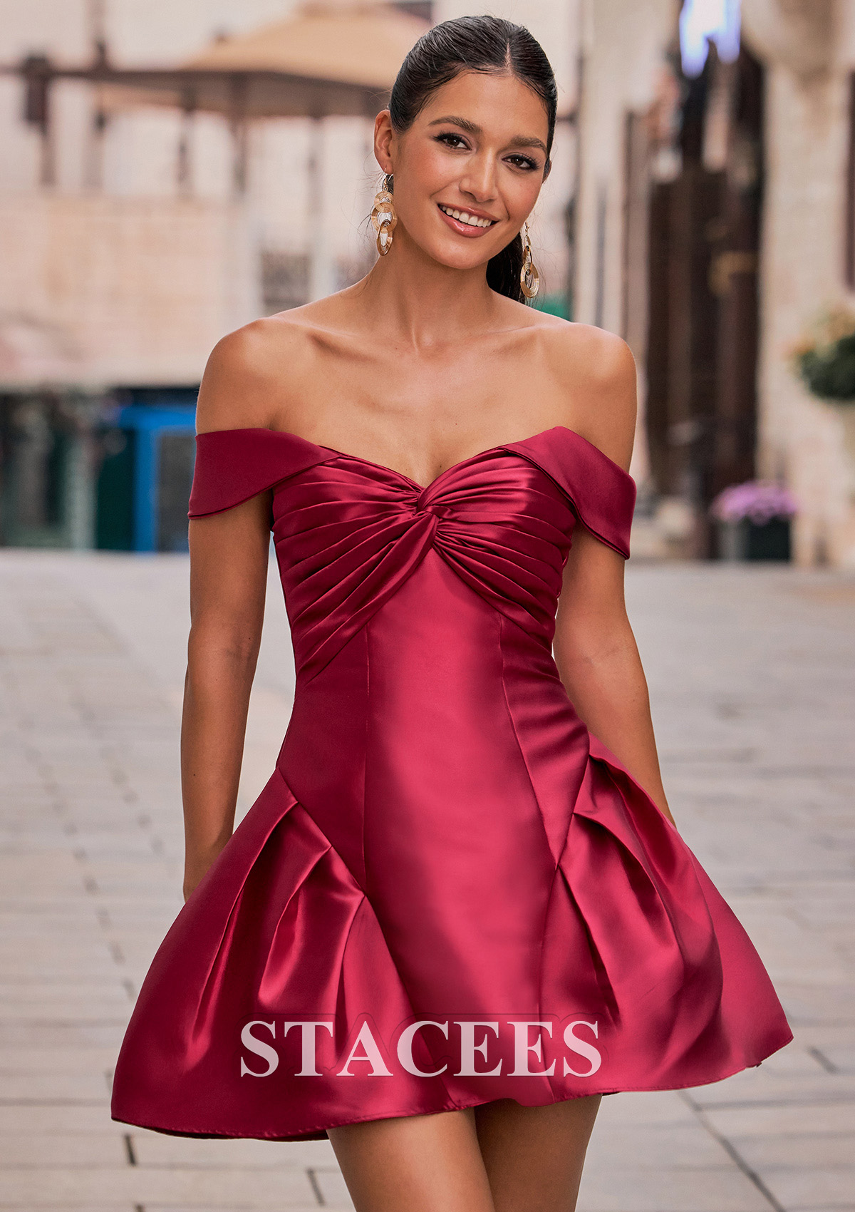 Burgundy A-line Off-the-Shoulder Mikado Short Homecoming Dress with Pleated Fitted Bodice - STACEES