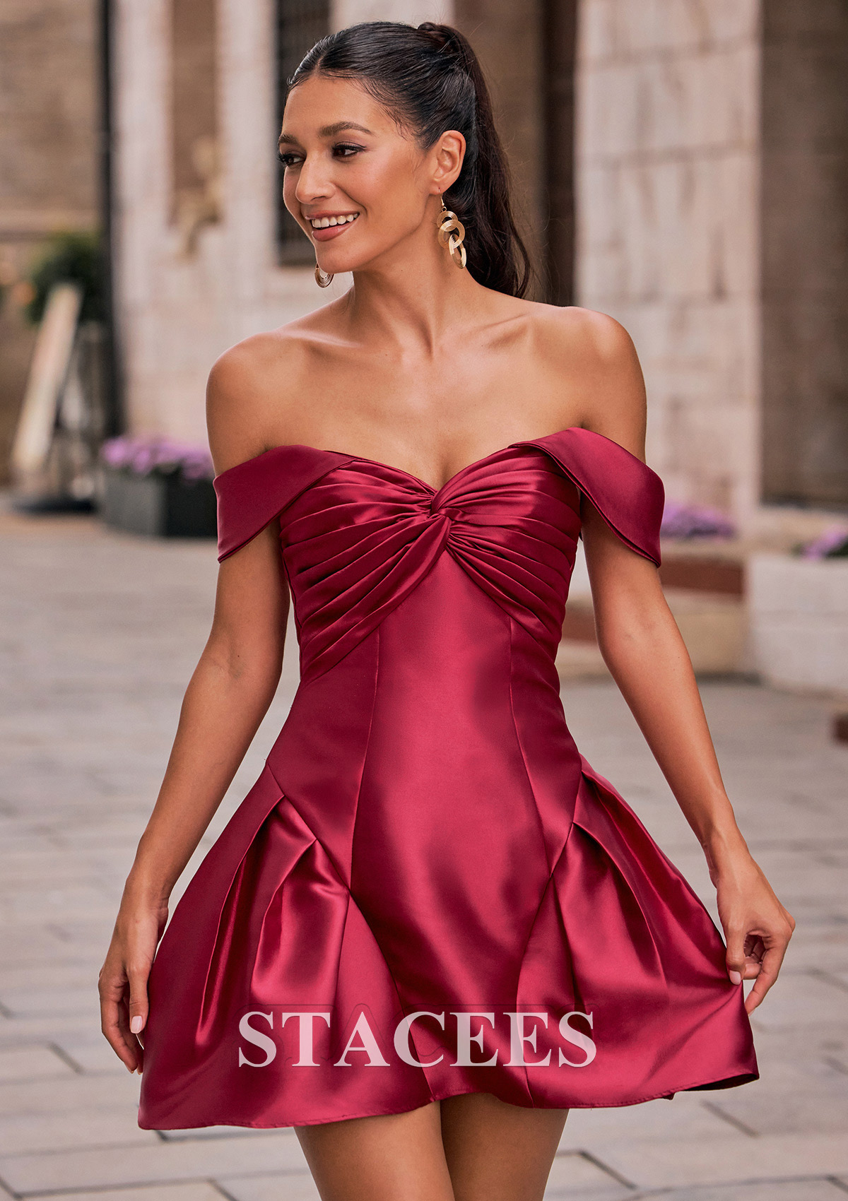 Burgundy A-line Off-the-Shoulder Mikado Short Homecoming Dress with Pleated Fitted Bodice - STACEES