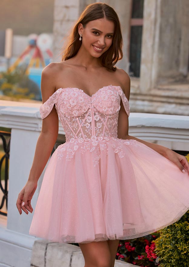 homecoming dresses eugene oregon Stacees Blushing Pink Floral Off-the-Shoulder Homecoming Dress Short Mini