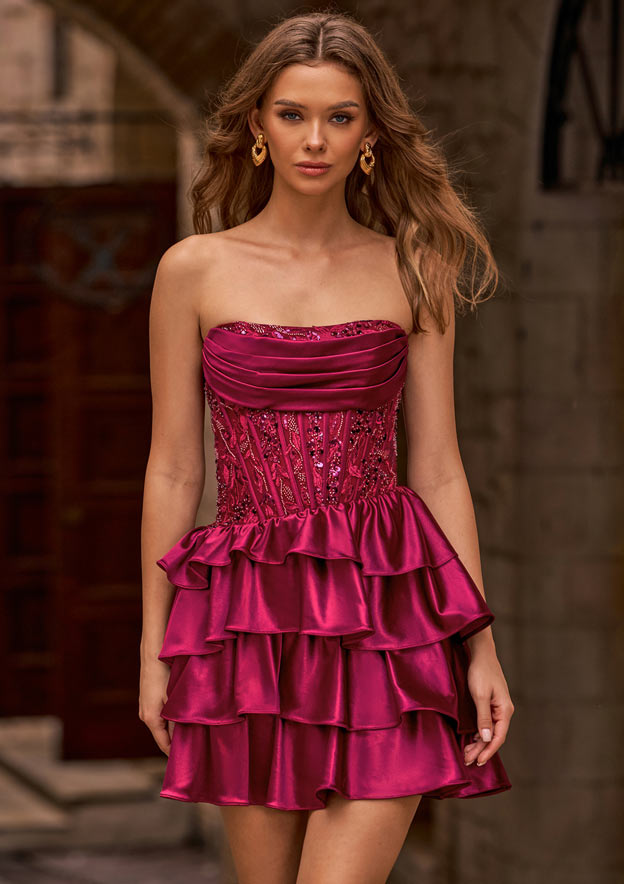 A-line Strapless Ruffle Homecoming Dress with Embellished Cowl Corset
