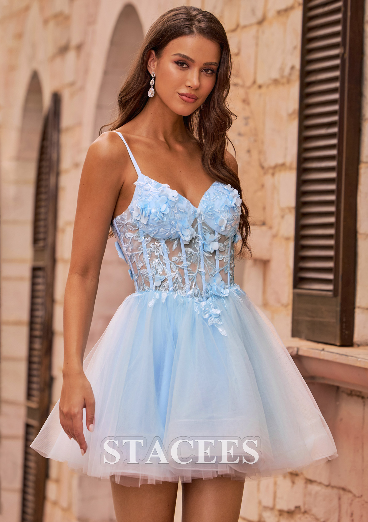 Sky Blue A-line Floral Sheer Corset Homecoming Dress with Spaghetti Straps - STACEES