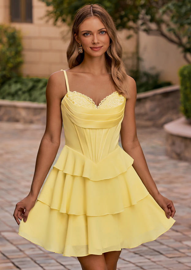 A-line Cowl Neck Tiered Ruffle Homecoming Dress with Lace