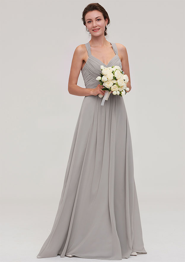 A-line/Princess Sweetheart Sleeveless Long/Floor-Length Chiffon Bridesmaid Dresses With Pleated Beading