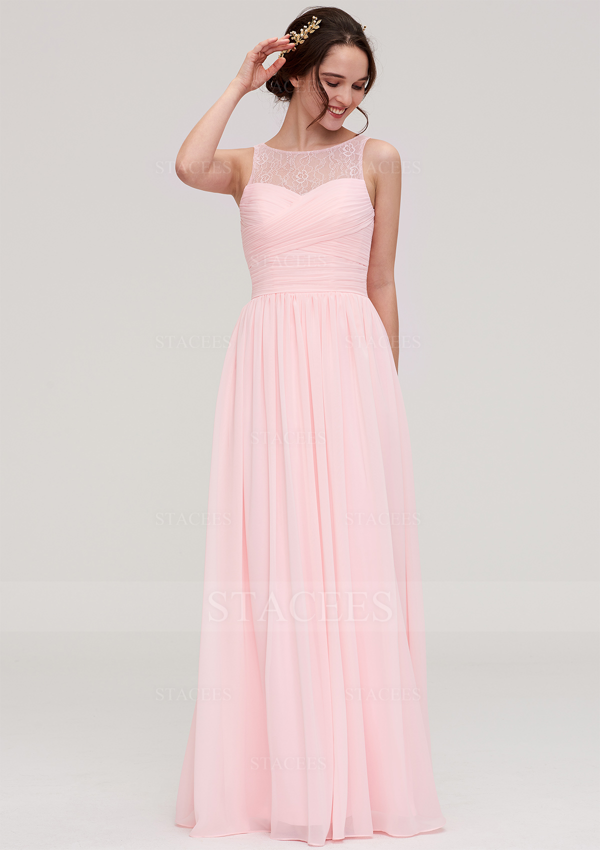 illusion neck bridesmaid dresses Stacees Dusty Sage Chiffon A-Line Dress with Lace Neckline Pleated Bodice The long sheath silhouette NOT NEW COLLECTION Black MIDI DRESS – Color:Black(Same As Photo)
