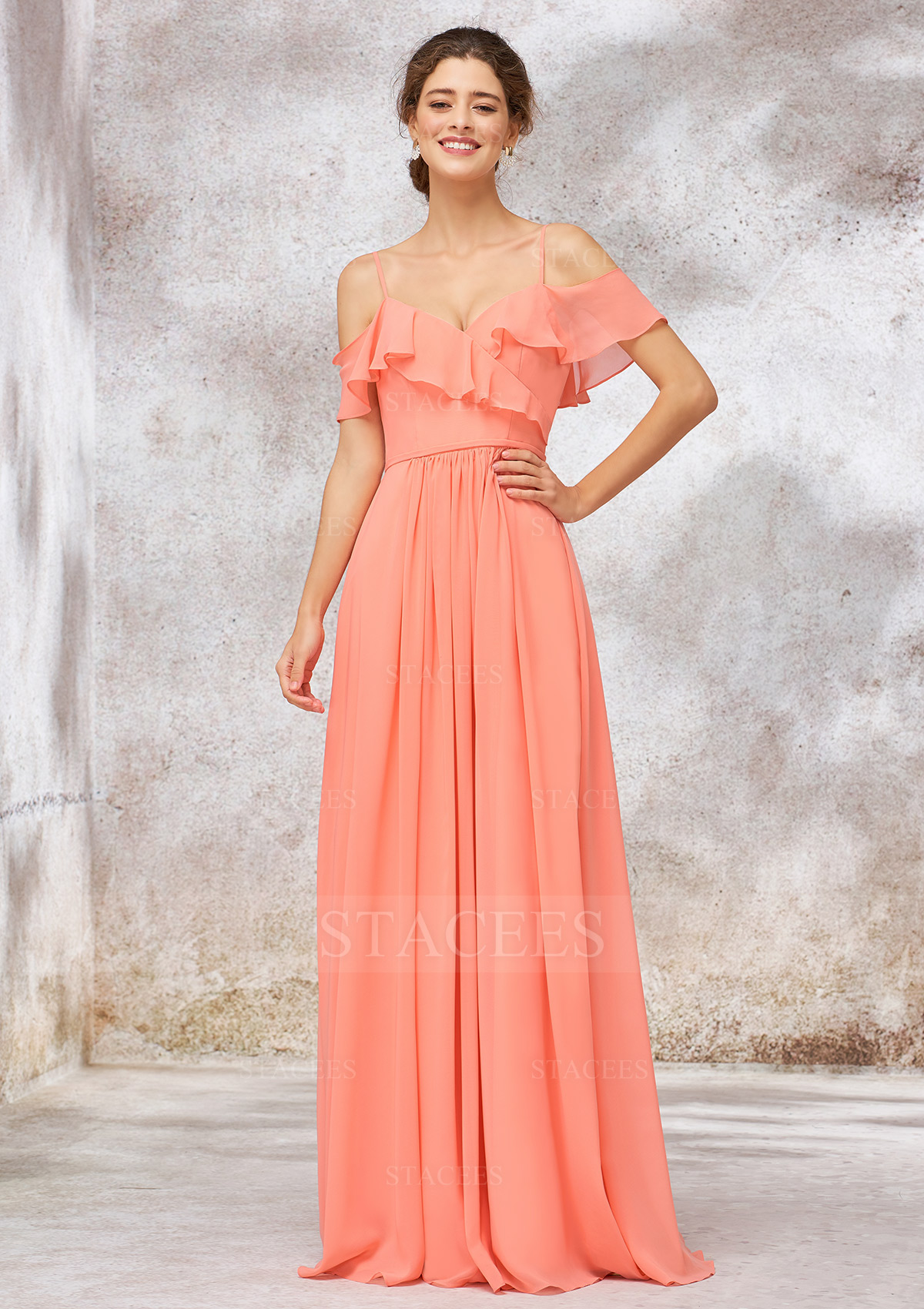 Chiffon Sweetheart Off-Shoulder Long A-line Pleated Bridesmaid Dress