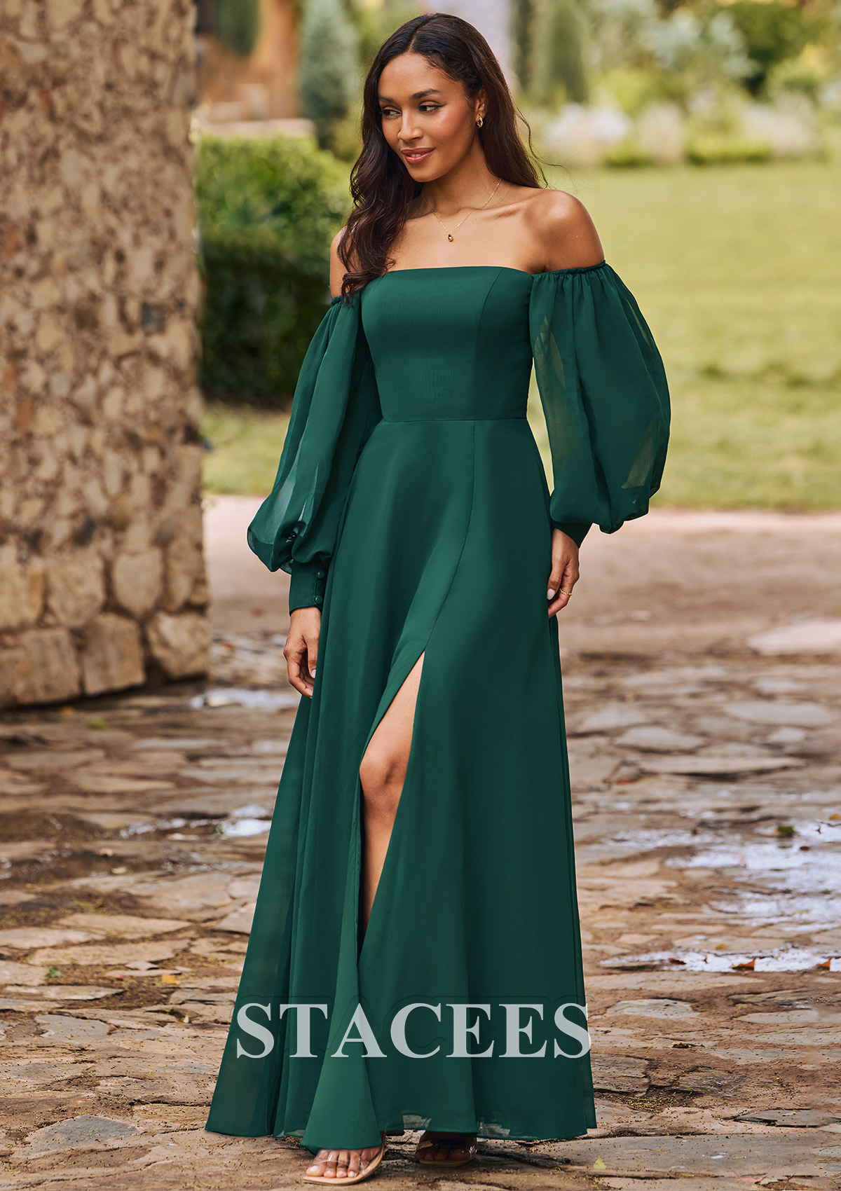 sleeves chiffon dress Stacees Off-the-Shoulder Puff Long Sleeve Chiffon Bridesmaid Dress