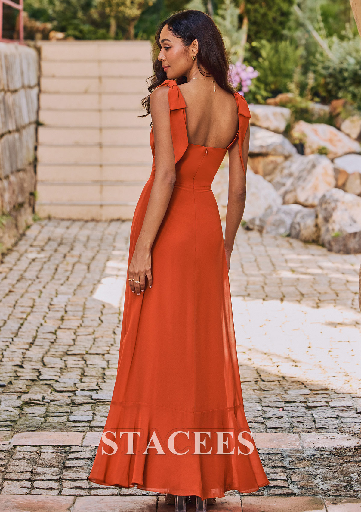 chiffon strap dress Stacees Fitted Square Neckline Maxi Bridesmaid Dress with Bow Tie Straps