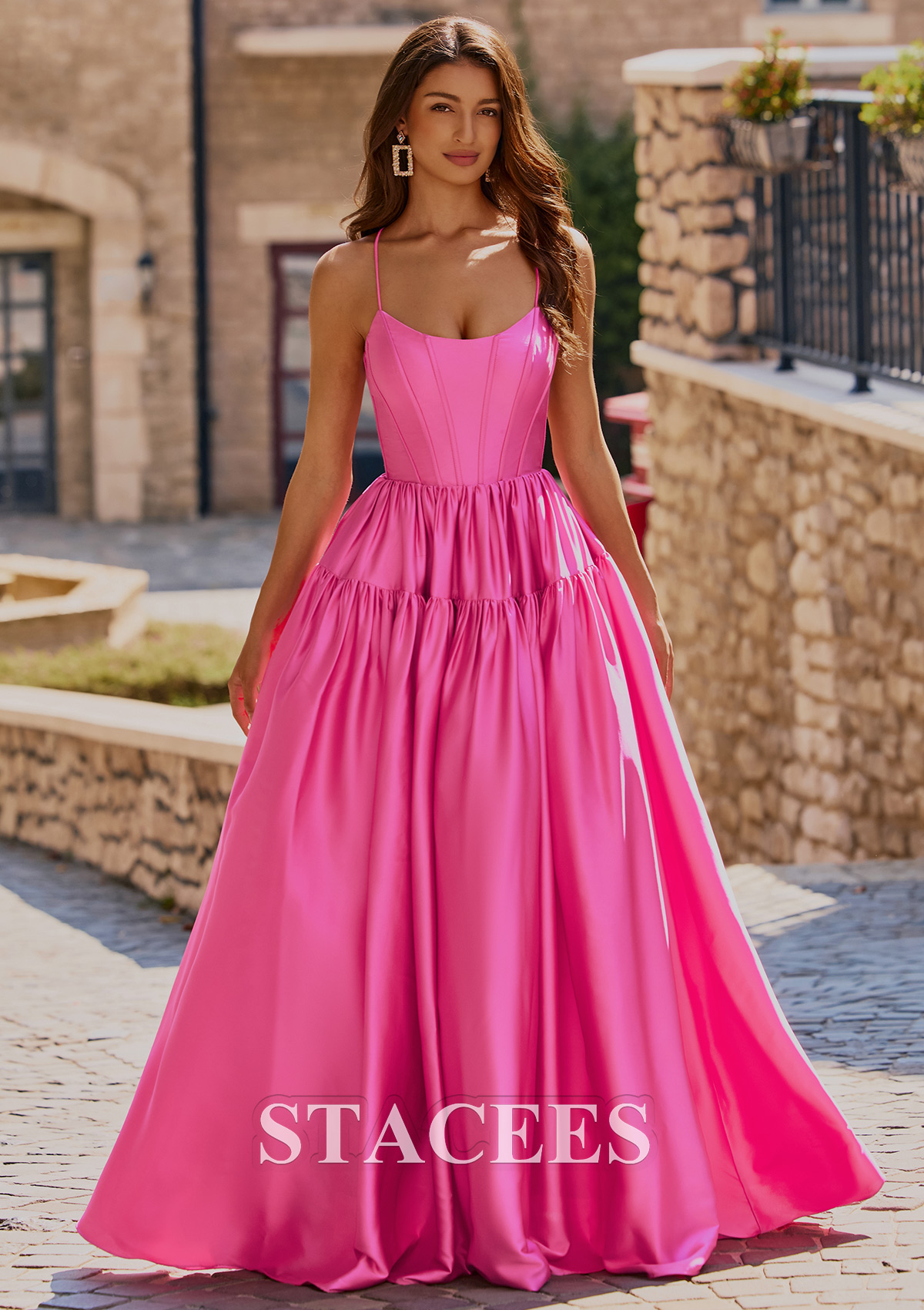 Hot Pink Classic Ball-Gown Satin Prom Dress with Strappy Open Back - STACEES