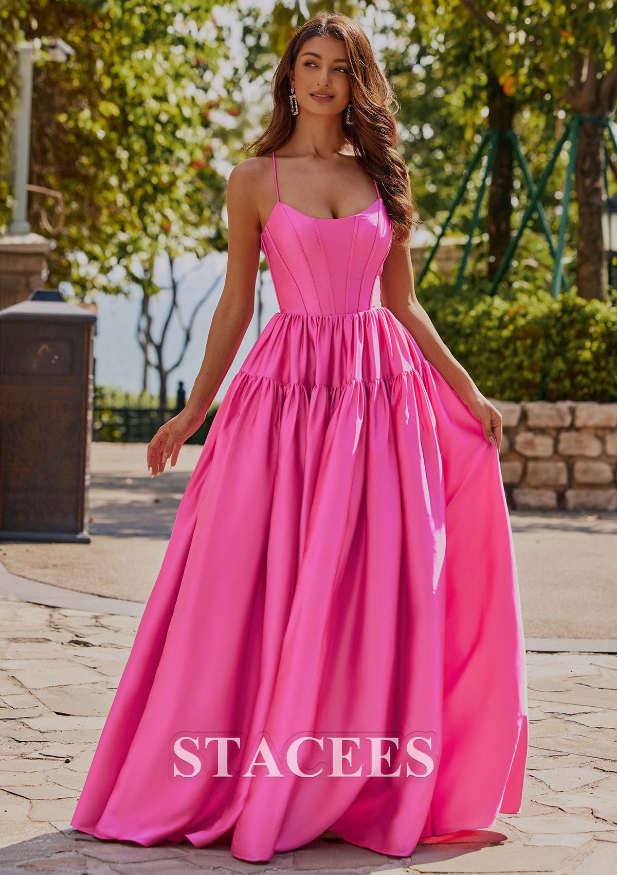Hot Pink Classic Ball-Gown Satin Prom Dress with Strappy Open Back - STACEES